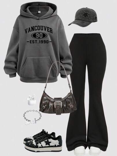 Girlism 少女休闲字母图案口袋连帽衫和喇叭裤套装，秋季