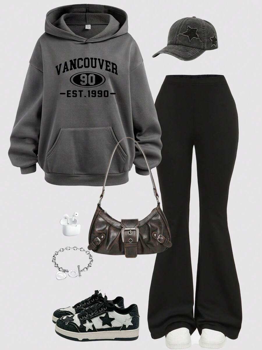 Girlism 少女休闲字母图案口袋连帽衫和喇叭裤套装，秋季 - 彩色 - 查看 1