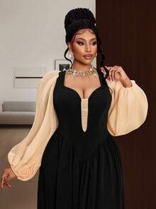 Maweii Robe élégante et sexy grande taille à manches lanternes et blocs de couleur - Noir - Voir 1