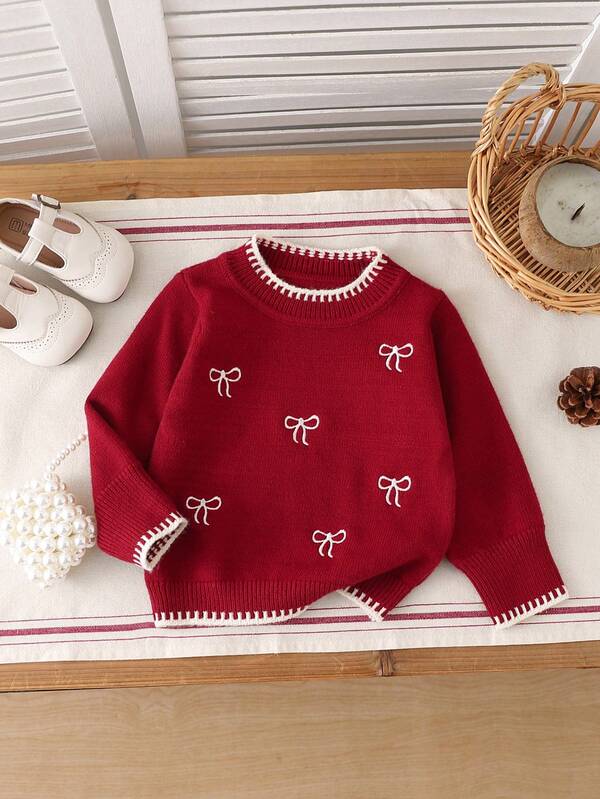 Baby Mädchen Weihnachts- & Neujahrspullover mit Rundhalsausschnitt, Herbst/Winter, mit Rüschenkragen, Schleifenakzent, Stickerei, Kontrastbesatz, geeignet für Ausflüge, Reisen und bequeme Freizeitkleidung Zuhause