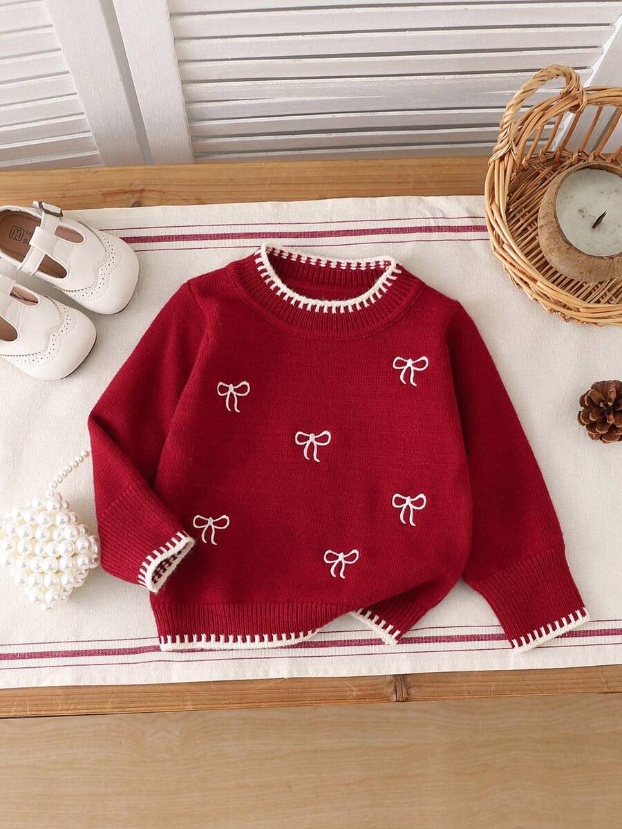 SHEIN Áo len cổ tròn Giáng sinh và năm mới cho bé gái, mùa thu/đông, có họa tiết cổ bèo nhún, điểm nhấn nơ, thêu, viền tương phản, thích hợp cho các buổi đi chơi, du lịch và mặc ở nhà thoải mái - Màu Đỏ Sâu - Xem 1