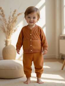 SHEIN 2pcs Baby Boys/Girls Brown Autumn Knitted Sweater & Pants Set,Modest Round Neck Long Sleeve Cable Outfit,Matching Family Casual Daily Home Clothes - Brown - View 5