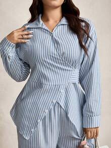 Zelara Conjunto de 2 piezas de top de manga larga y pantalones a rayas de estilo minimalista y talla grande, para uso casual diario - Azul y blanco - Ver 5