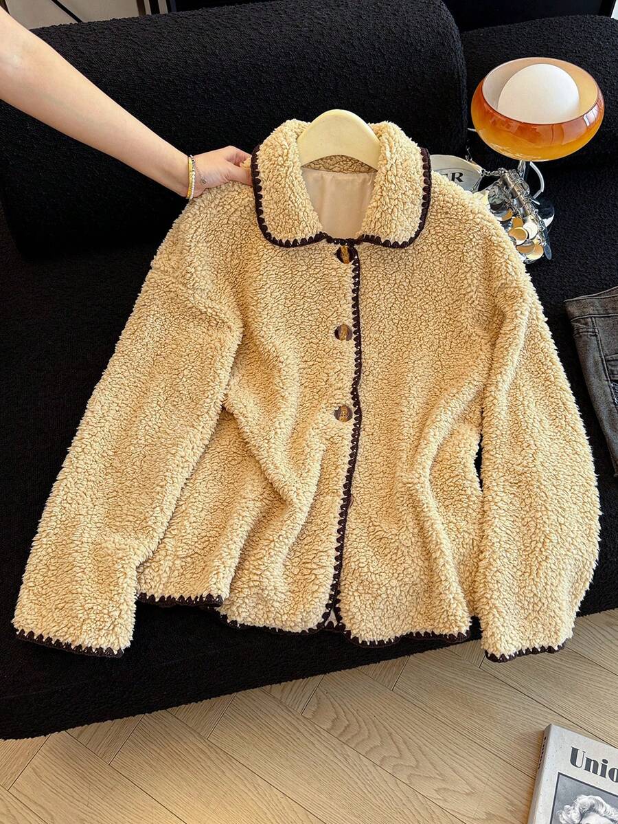Franclia Casual Contrast Color Trim Jacket, Autumn/Winter - Apricot - View 1