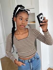 Tween Girl Striped Fitted T-Shirt, Hollow-Out Knit, Square Neck, Long Sleeve T-Shirt, Fashionable & Comfortable, Autumn/Winter - Khaki - View 6