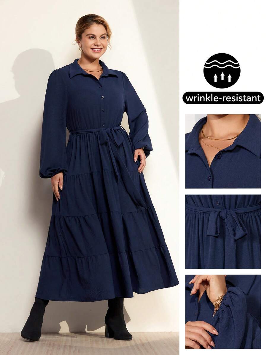 Momelise Váy xòe cổ bẻ cao cấp thanh lịch mới cho mùa xuân và mùa thu, cỡ lớn dành cho nữ - Màu xanh hải quân - Xem 1