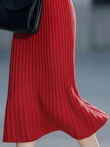 EMERY ROSE 秋冬新款优雅精致柔软舒适修身女士褶皱长袖圆领红色粗针织毛衣 - 紅色 - 查看 6