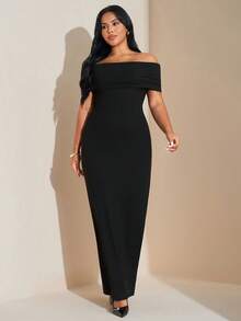 SHEIN Tall CURVE 大码露肩高开衩长裙，轻盈飘逸，优雅迷人，适合婚礼季，性感时尚 - 黑色 - 查看 3