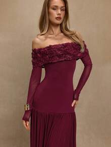 SHEIN BAE Abito da donna a maniche lunghe con spalle scoperte, in borgogna, con patchwork floreale 3D in rete, adatto per appuntamenti romantici, banchetti, eventi di compleanno, feste, occasioni formali, Ognissanti, Natale - Bordò - Visualizzare 6