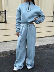 SHEIN Explorewe Streecool 青少年女孩秋冬时尚休闲简约拉链领长袖连帽衫和宽松阔腿裤 2 件套 - 藍色 - 查看 5