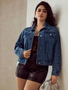 MOTF PREMIUM PLUS RHINESTONE EMBELLISHED FASHIONABLE DENIM JACKET - Medium Wash - View 5