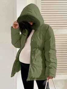 SHEIN Maternity Fashionable Versatile Drawstring Waist Faux Fur Hooded Jacket, Winter