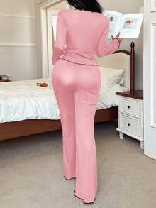 SHEIN Women's Black & White Contrast Trim Slim Fit Long Sleeve Pajama Set, Autumn/Winter - Pink - View 2