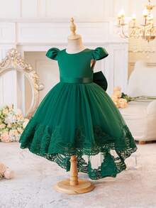 Glamorique Kids Mädchen Grünes Satin & Mesh Kleid mit Halbarm, V-Ausschnitt, großer Schleife hinten, floraler bestickter Rüschenbesatz am Saum, Schleppe, Weihnachtskostüm, Kinderaufführung, Bankettparty, Geburtstag, hochweriges Prinzessinnenkleid - Grün - Übersicht 3
