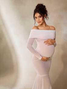 Cheriluna Maternity 孕妇写真礼服，露肩长袖修身长款连衣裙，带网纱罩层 - 白色 - 查看 4