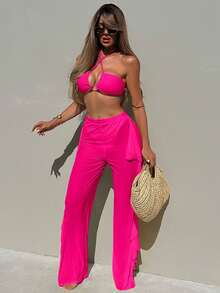 SHEIN Swim Women's Beach Vacation Printed Bikini 3 Pieces Set, Wireless - Hot Pink - View 2