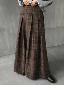 FRIFUL 女士格子百褶喇叭裙，休闲百搭长裙，适合秋冬季穿着 - 棕色 - 查看 4