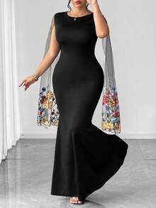 Cravure Embroidered Lace Mesh Long Sleeve Shawl Collar Mermaid Dress - Black - View 6