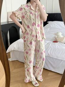 Bộ đồ ngủ nữ tuổi teen, áo thun cổ bẻ, tay ngắn, in hoa, cài nút, quần dài, mùa xuân/hè - Nhiều màu - Xem 6