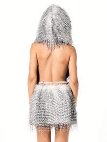 SUMWON WOMEN 露背连帽人造毛皮外套，流苏下摆细节，适合冬季节日场合 - 灰色 - 查看 2