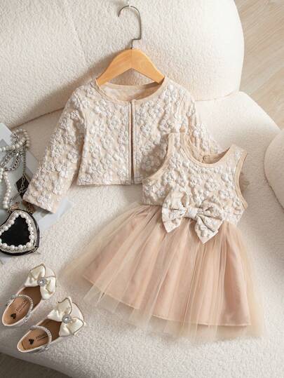 SHEIN 2pcs/Set Toddler Girls Autumn New 2025 Jacquard Waterfall Front Bow Decor Mesh Hem Sleeveless Dress & Round Neck Cardigan Jacket Outfit, Simple & Fashionable Elegant Baby Girl Clothes 2pc Toddler Girls Cute Vintage Style