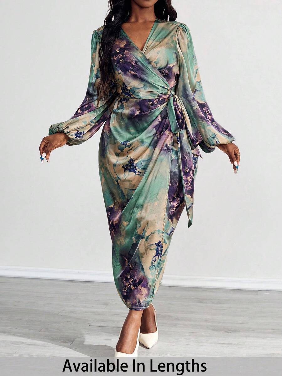 SHEIN PETITE CURVE 加大码 V 领长袖全身印花腰带修身优雅迷人连衣裙长款晚礼服 - 彩色 - 查看 1