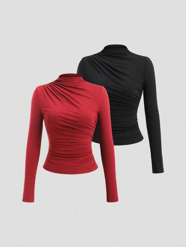 Sweetra Camiseta de manga larga con cuello de tortuga y fruncido, de unicolor y estilo Y2K sexy para mujer