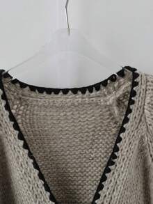 SHEIN PETITE CURVE 大码休闲毛衣，系带蝴蝶结，撞色滚边开衫，女士秋季服装 - 灰色 - 查看 4