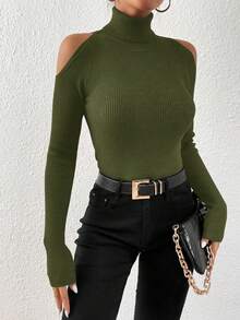 SHEIN Clasi Plus Size Winter Turtleneck Sweater,Olive Green,Autumn,Smart Casual,Date Night,Shoulder Cut-Out Design,Elegant Women Fall Basic Top For Party,Vacation - Army Green - View 1