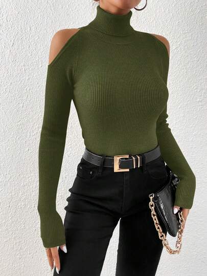 SHEIN Clasi Suéter de cuello alto de talla grande con diseño de corte en el hombro para mantener el calor, adecuado para vacaciones, fiestas, festivales de música, uso en casa, eventos de regreso a la escuela, como regalo y para ir de compras, suéteres de otoño, ropa elegante para mujer, top básico