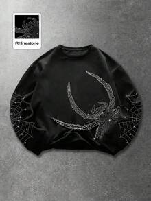 ROMWE MEN Street Life Men's Loose Fit Sparkling Diamond Spider Graphic Pullover Sweatshirt - Black - View 1