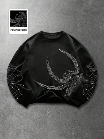 Street Life Sudadera holgada para hombre con gráfico de araña con diamantes brillantes