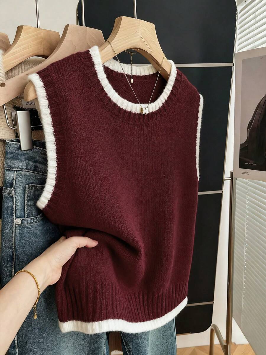 Franclia Casual Loose Crew Neck Sleeveless Knit Contrast Trim Khaki Sweater Top For Women, Spring/Autumn