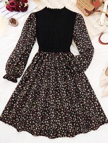 SHEIN 少女拼布碎花长袖休闲连衣裙 - 彩色 - 查看 3