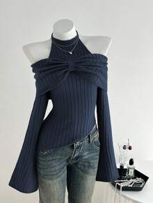 Elamini 1件女士炭灰色个性化精致露肩系带蝴蝶结设计不对称下摆弹力针织休闲毛衣，秋冬款 - 藏蓝色 - 查看 5