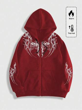 Goth Sudadera con capucha de felpa con estampado gráfico de moda casual para hombre, con cremallera y cordón, para otoño/invierno