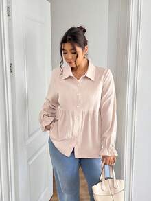 Lounesse Chemise décontractée à manches longues et ample avec boutons pour femmes grandes tailles, blouse grande taille pour un port quotidien - Nude - Voir 4