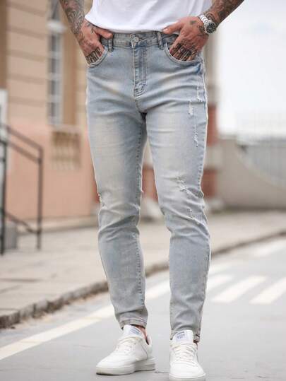 Manfinity LEGND Classic Light Wash Men's Skinny Jeans Denim Long Distressed Design For Everyday Style Slim-Fit DAD Washed Grey Going Out Work Distressed Jeans For