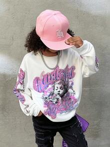 Coolane Kids Tween Boy Spring/Summer, Casual Simple Pattern Long Sleeve Loose Pullover Thick , Vintage Painting Pullover Sweatshirt,Suitable For Casual - White - View 2