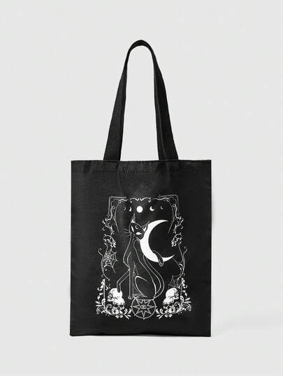 Grunge Punk Reusable Canvas Tote Bag With Allover Print Eye/Moon/Star Pattern, Shoulder Bag Design Suitable For Shopping