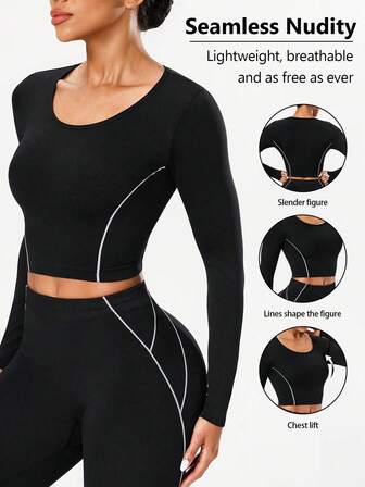 Seamluxe SHEIN Sport Camiseta corta de manga larga sin costuras para mujer, a rayas blancas