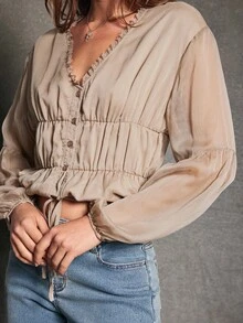 WESTFADE Áo crop top tay dài cổ chữ V cài nút phía trước chất liệu voan và ren hoa, eo rút, nhiều tầng, thu, đông, phong cách Boho, thường ngày, ngày lễ, giáng sinh, năm mới, hòa nhạc đồng quê, trang phục miền Tây - màu nâu - Xem 2