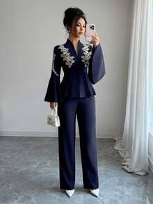 Elenzga Bộ 2 món áo cánh tay 3/4 và quần lửng dáng rộng thoải mái, thanh lịch, đa năng, cổ đứng, nhún bèo, trang trí, xuân/hè - Xanh đậm - Xem 3