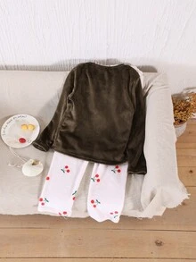 1. 女童时尚纯色毛绒舒适柔软面料+樱桃印花宽松休闲裤套装，毛绒秋冬款，休闲毛绒冬季睡衣 - 綠色 - 查看 2