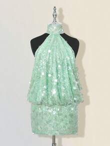 SHEIN ICON 闪亮高领露背褶饰紧身迷你连衣裙 - 薄荷綠 - 查看 3