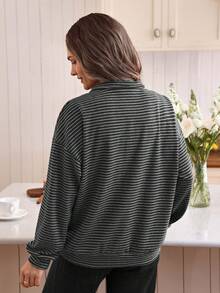 Louniche 女士休闲条纹立领长袖卫衣，简约设计修身套头衫 - 灰色 - 查看 2