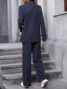 EMERY ROSE 女士条纹翻领长袖外套和裤子休闲套装 女士西装裤套装 女士西装外套套装 女士两件套服装 - 藏蓝色 - 查看 2