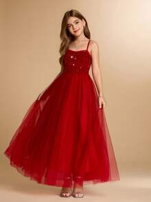 Rochie lungă cu paiete și bretele contrastante din plasă pentru fetițe, pentru nuntă, petrecere de ziua de naștere, Crăciun, absolvire - Burgundia - Vizualizare 3