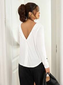 Lounesse Plus Size Casual Solid Color Ruffle Hem T-Shirt, Versatile For Autumn - White - View 3
