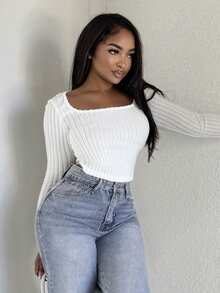 Alexandranx 女士纯色长袖简约罗纹休闲 Y2K 方领假日雪地女士米色舒适上衣，日常穿着 - 白色 - 查看 6